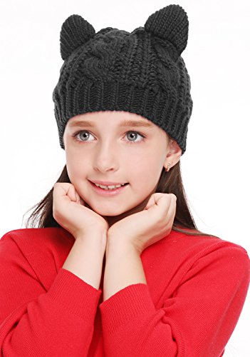 Bellady Kids Girls Cable Knit Children's Winter Hat Beanie With Cat Ear, Black_Child #TOP2