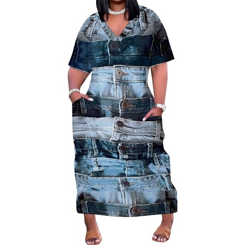 Image of SUZONANA Plus Size Denim Print Maxi Dresses for Women Casual V Neck Short Sleeve with Pockets Soft Jean Look Dress XL-6XL