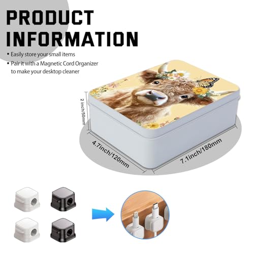 Image of Metal Tin Box with Lid for Game Cards Home Organizer Candles Keys Crafts Storage - Equipped with 4 Magnetic Cord Clips,Cute Cow Butterfly