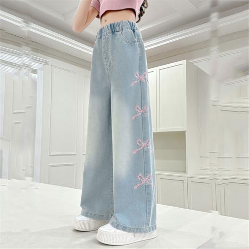 Bow Jeans for Girls Wide Leg Baggy Denim Pants Cute High Waisted Trousers Teen Y2k Clothes with Pockets 3-14Y3