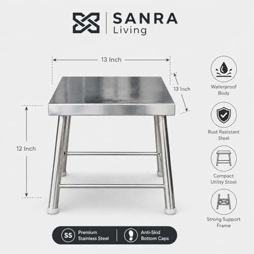 Image of Stainless Steel Waterproof Utility Stool 13x13 Inch | Heavy Duty Steel Bathroom Stool for Bathing Washing Kitchen Balcony Restroom Support | 12 Inch Height