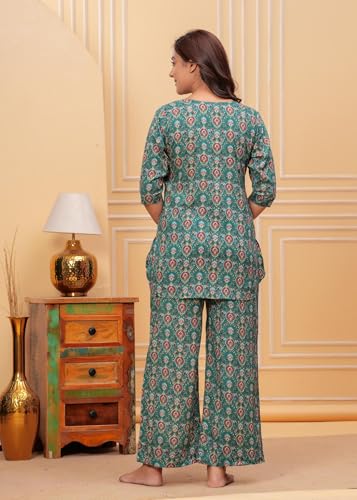 Image of Women Cotton Relaxed Fit Fit and Flare Suit | Printed Night Suit | Half Sleeve Co-Ord Set