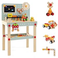 Maxmass Wooden Kids Workbench, Toddler Tool Bench with Rich Tools & Parts, Chalkboard, Storage Shelf, Educational Construction Tools Set Pretend Play Tool Workshop for 3+ Years Old