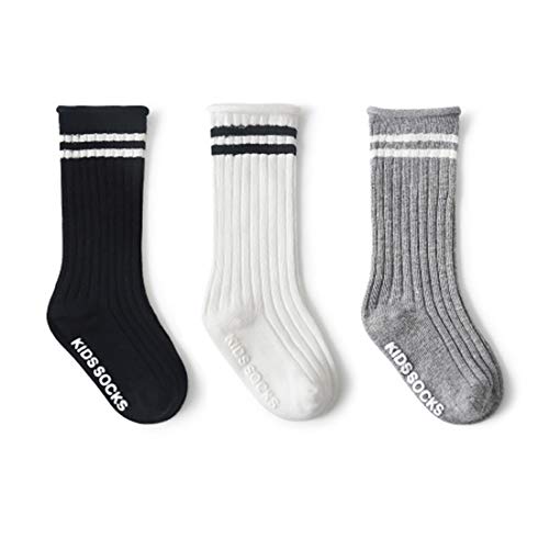 Fynnsure Baby Knee High Socks Toddler Non Slip Socks 3-6 Packs Girls Boys Tube Sports Striped Long Socks Cotton Sockings Sport Stripe-3 S (0-1T)