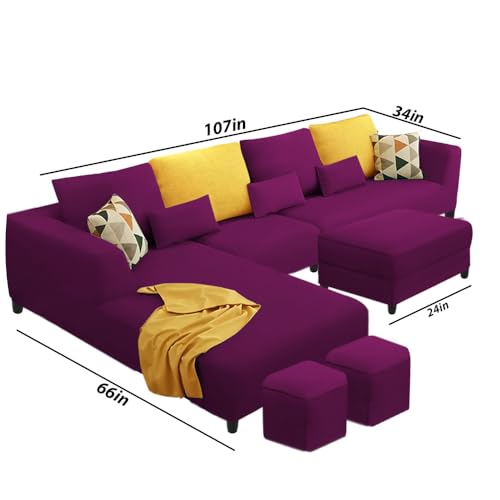 Image of Casaliving Minta LHS 8 Seater L Shape Sofa Set with Ottoman & 2 Puffy for Living Room (Purple - Colour Fabric) Premium Fabric Sofa Set ForLiving Room | Hall
