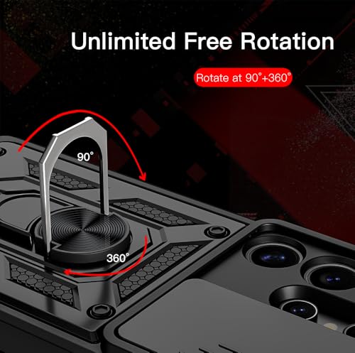 Image of SPAZY CASE Samsung Galaxy S25 Ultra Back Case | Heavy Duty Hybrid Case with 360 Degree Rotating Finger Ring Holder + Slider Shutter Camera Protection Cover for Samsung Galaxy S25 Ultra 5G - Black