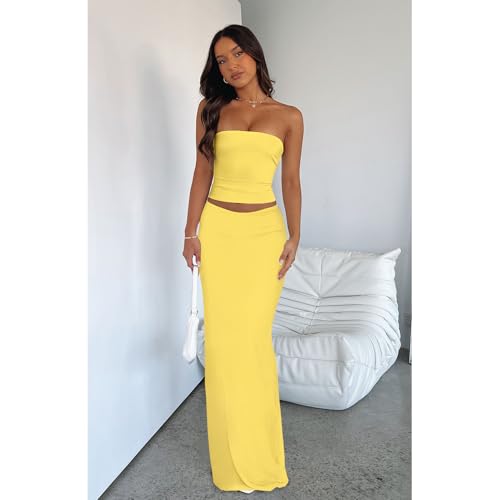 Image of Goafuliy 2 Piece Skirt Sets for Women Summer, Floral Sleeveless Tube Top Bodycon Maxi Skirts Y2k Vacation Going Out Outfits
