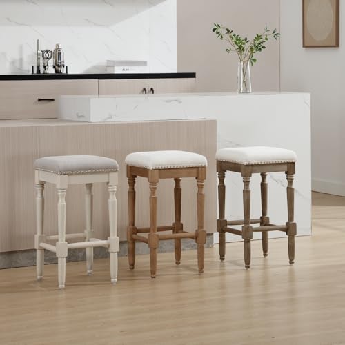 Butacos Altura Barra Set de 2 Butacos sin Espaldar de Madera con Detalle de Tachuelas, Altura 26", para Isla de Cocina/Patio/Balcón, Asiento en Tela Beige y Patas en Color Natural miniatura 7