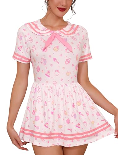 ABAFIP Women's One Piece Bodysuit Pajamas Romper Cute Short Sleeve Doll Collar Pjs Nightwear Rompers Dress