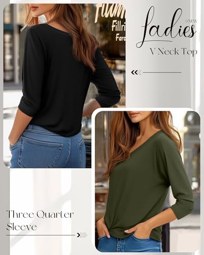 Ficerd 4 Pack Women's 3/4 Sleeve T Shirts, V Neck Casual Tunic Tops Loose Fit Cotton Shirts Solid Color Summer Tees3