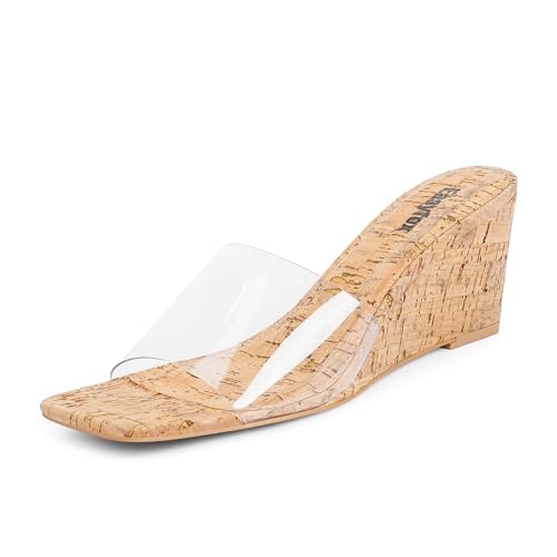 Easyfox Wedge Sandals for Women Open Toe Wedge Heels Womens High Heel Sandal Square Toe Heeled Wedge Sandals Wood Grain Slip on Wedge Mules