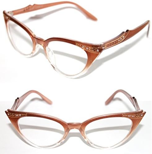 WOMEN'S CAT EYE SMALL RETRO GRADIENT FRAME CLEAR LENS GLASSES WITH GOLD RHINESTONES (LIGHT BROWN)