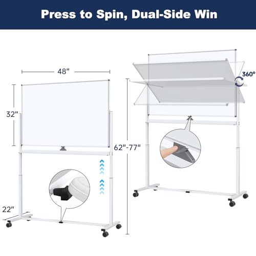 Image of Large Dry-Erase Rolling Magnetic Whiteboard - TSJ OFFICE 48 x 32 Inches Dry Erase Board with Stand Height Adjust Double Sides Mobile White Board Easel on Wheels Office, Home & Classroom