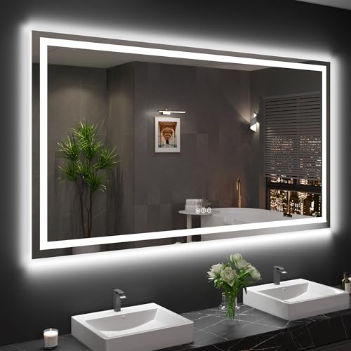60"X36" LED Bathroom Mirror with Front Lights and Backlit, Anti-Fog, Dimmable, Shatter-Proof Tempered Glass, Lighted Bathroom Vanity Mirror for Wall with 3 Colors, Memory Function