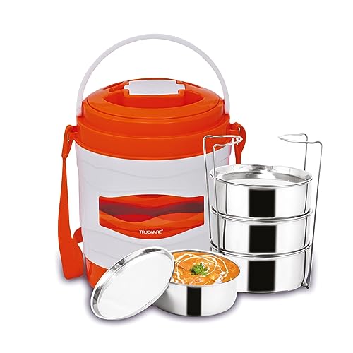 Image of Trueware Marina 4 Lunch Box with 4 Steel Container, 300 ml X 4 Orange | PU Insulated | Tiffin | Hot Lunch Box | Leak Proof | Easy to Carry | Food Grade | BPA Free | Office | Outdoors | for Men Women