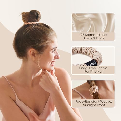 Image of THXSILK 100% Mulberry Silk Small Scrunchies 3-Pack, 25 Momme Low Profile Hair Ties for Fine Hair, Sleek No Damage Ponytail Holders for Everyday Use(Beige, Black, Grey)