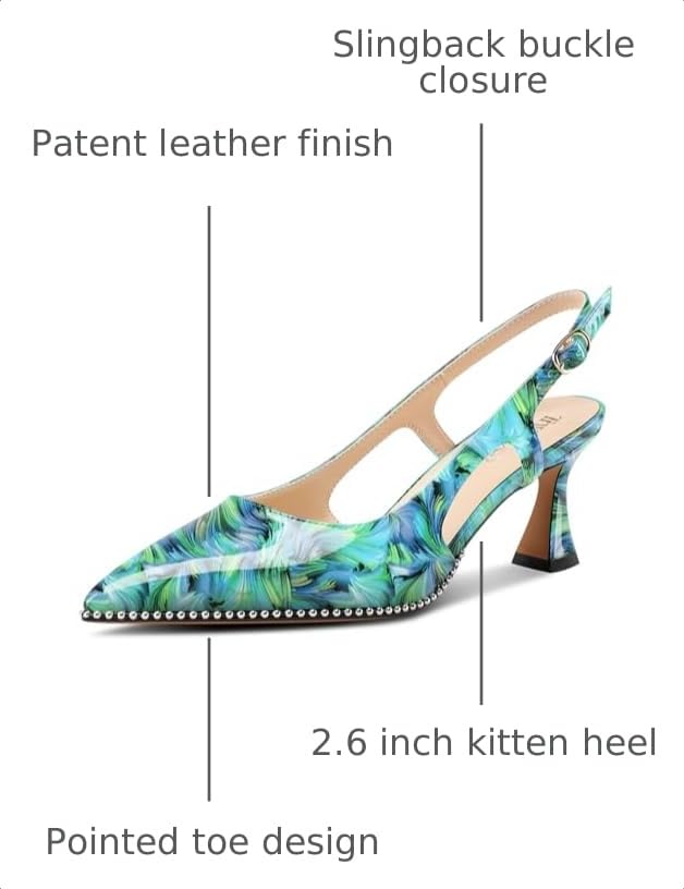 Image of TNYNFBEB Womens Kitten Heel Pointed Toe Pumps Sliver Beaded Slingback Slip-on Buckle Prom Dress Basic Classic Patent Leather Summer 2.6 Inches Heels