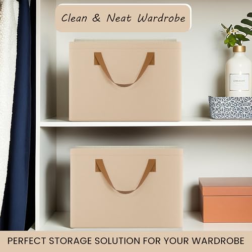 Image of Kuber Industries Pack of 4 Foldable Cloth Organizer for Storage with Steel Frame & Sturdy Handles | Space-Saving Dress Organizer Boxes for Cupboard, Shelves & Wardrobes | LJ-2-BG | Beige