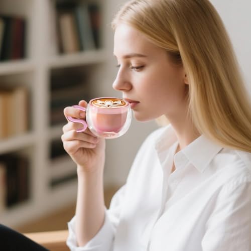 ecooe 130ml Süße Rosa Katze Doppelwandige Kaffeegläser Espressotassen 2er-Set, Katzentasse Geburtstagsgeschenk Geschenke für Frauen… – Ansicht 6