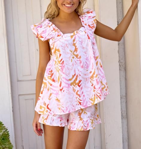 Image of ROAONOCOMO Women Summer Floral Pajama Set Ruffle Trim Cami Top Coquette Pj Set Gingham Babydoll 2 Piece Shorts Outfit