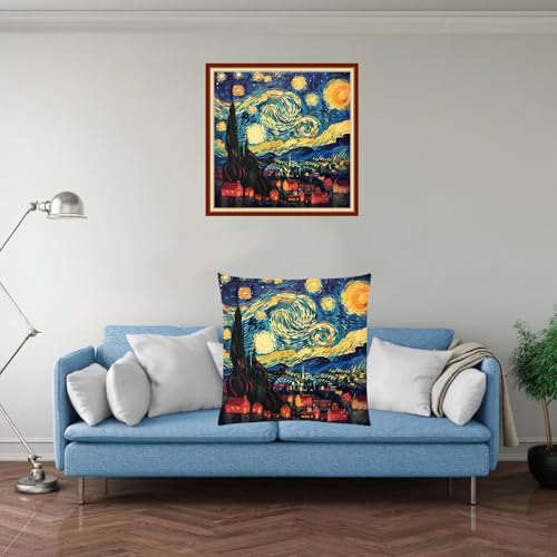 Image of Stamped Cross Stitch Kits for Adults Beginners Pillow Needlepoint Kit with Embroidery Pattern Needlework Kit Prestamped Stitches Kit 11CT Cross Stitching-Van Gogh Starry Sky Home 18x18 inch