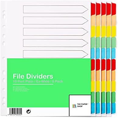 [5 Pack] A4+ File Dividers Extra Wide 10 Part Plain Tabs A4+ Extra Wide Subject Dividers 10 Part Without Numbers Multipunched Reinforced Colour Tabs 150gsm