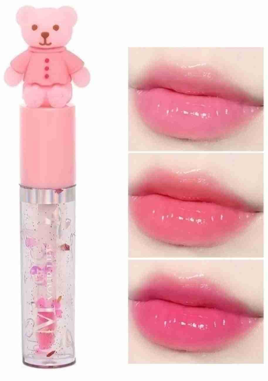 Cute Korean Teddy Bear Lip Gloss | Glossy Pink Shade Lip Gloss Transparent Moisturizing Lipstick For Women & Girls | Hyder...