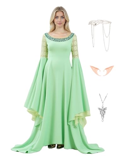 Cuzeolin Arwen Costume for Women Queen Dress with Headpiece Elf Halloween Cosplay Medieval Renaissance Dress Gown S Green