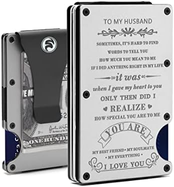 Personalized Engraved Aluminum Front Pocket Metal Money Clip Wallet for Husband from Wife - Slim Minimalist RFID Blocking Credit Card Holder for Men - Christmas Birthday Anniversary Valentines Day