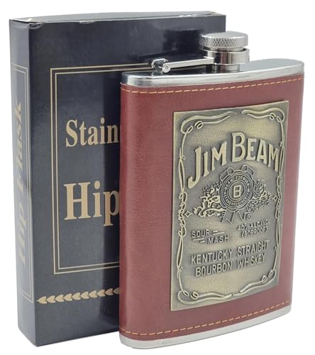 Image of JBPM Stainless Steel Hip Flask with Funnel 8 Oz (236 ml) I Stitched PU Leather Cladding with Metal Plate Design Whiskey Flask I Unisex Alcoholic Drinks Holder Pocket Bottle (JBP Maroon+Funnel)