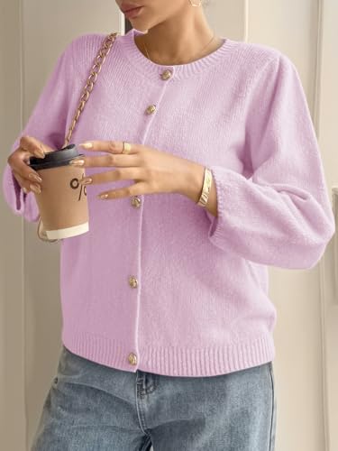 Cicy Bell Womens 3/4 Puff Sleeve Cardigan Sweater Fall Trendy Casual Button Up Loose Fit Cropped Knit Sweaters Pink4