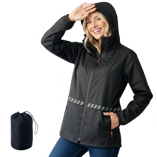 Image of WUDEUI Waterproof Rain Jacket for Women, Lightweight Packable Raincoat with Hood for Outdoor Golf Hiking Travel Windbreaker