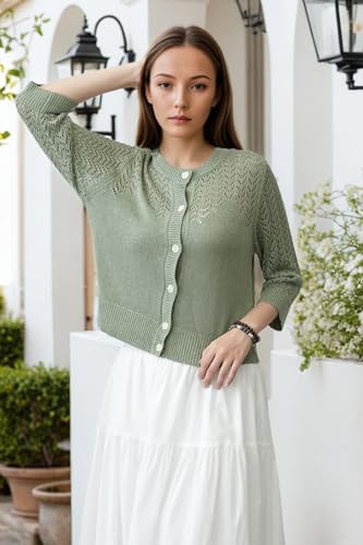 Image of Women's Lightweight Crochet Cardigan Sweater Open Front Knit Lace-Up Cover Up Casual Spring Fall Chic Outerwear Tops 23 Green M