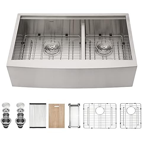 33 Farmhouse Sink Double - Kichae 33 Inch Kitchen Sink Apron Front Stainless Steel 18 Gauge Double Bowl Low Divided 60/40 Ledge Workstation Farm Kitchen Sink Cover