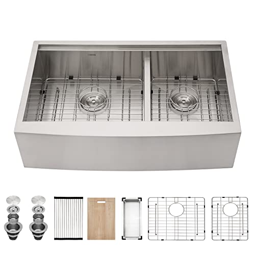 33 Bauernhaus-Spüle Doppel-Kichae 83 Zoll Küchenspüle Schürze Edelstahl 18 Gauge Doppelschüssel Niedrig unterteilt 60/40 Ledge Workstation Bauernhof Küchenspüle Cover