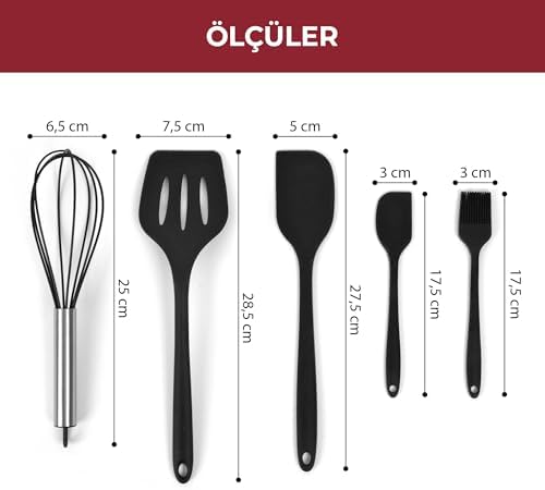 Pikas Silikon Spatula Seti 5’li - Çırpıcılı, Yapışmaz Tava Uyumlu, Isıya Dayanıklı Mutfak Seti (Siyah) - Görsel 6