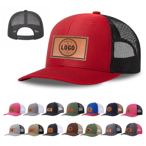 Image of Custom Hats for Men and Women, Personalized Baseball Cap with Leather Patch | Design Your Own Hat with Logo, Photo or Text, Breathable Mesh Back, Adjustable Customized Trucker Hats for Adults