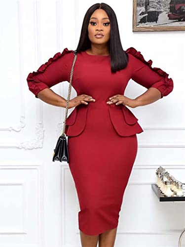 Women Fashion Ruffle Long Sleeve Work Dresses Crewneck Pencil Formal Cocktail Dress,Red,S #TOP2
