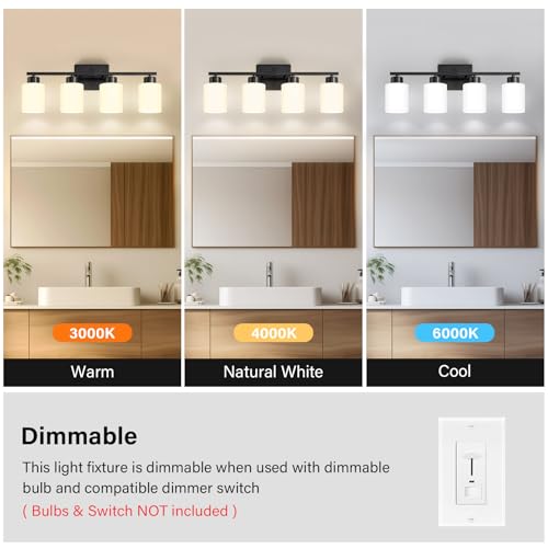 Image of FonmYim Black Bathroom Light Fixtures, 4-Light Modern Vanity Light Over Mirror, Wall Sconces with Milky White Frosted Glass Shades, E26 Socket (Bulbs Not Included)