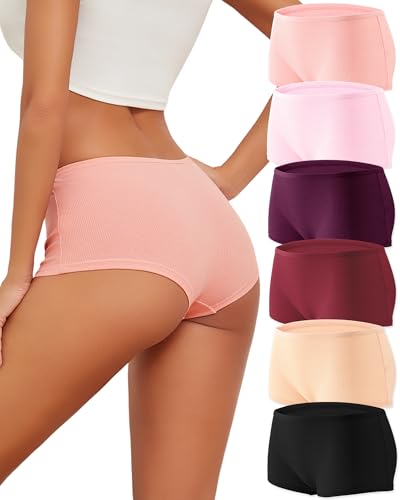 Image of Cotton Boyshort Underwear for Women Boxer Briefs Lady Boy Short Panties | 6 Pack,Full Coverage,Plus Size,Girls Panties,Under Dress,Breathable,Cute,Stretch,Stay in Place,Multiple Colors,Machine Wash