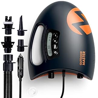 OutdoorMaster 20PSI High Pressure SUP Air Pump THE SHARK Intelligent Dual Stage Inflation Auto Off Feature Deflation Function 12V DC Car Connector for Inflatable Stand Up Paddle Boards Boats