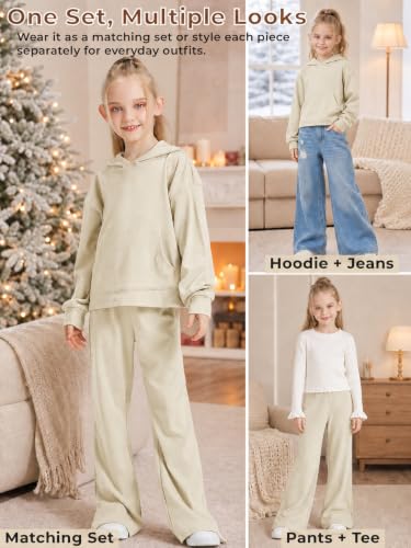 Image of Girls 2 Piece Hoodie Bell Bottom Sweatsuit Fall Outfit Set | Long Sleeve,front pocket,side-slit flare,machine washable,soft rayon-blend,skin-friendly,stretchy,durable