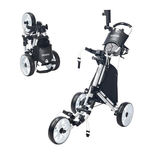 FLAGTAG Golf Push Cart 3 Wheel,Foldable Golf Push Cart,Golf Bag Cart with Foot Brake,Umbrella Holder, Cup Holder, Storage Compartment