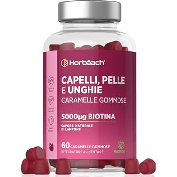Vitamine per Capelli Gommose | Biotina 5000 mcg + Acido Folico, Vitamine C, B6, E, B12, A, D e Zinco | Integratore Capelli Pelle Unghie | 60 Caramelle Gommose | VEGAN | di Horbaach