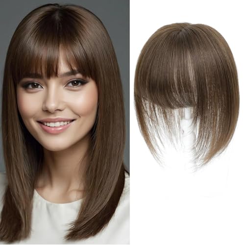 Lasunork Postiches pour femmes avec cheveux humains à franges - Base suisse tissée à la main - Postiche (Châtain moyen)