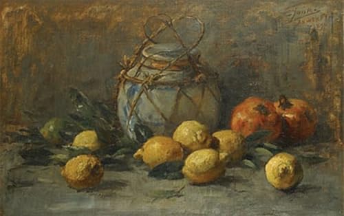 Art tableau nature morte au citron Eugène Joors grand format 60x90
