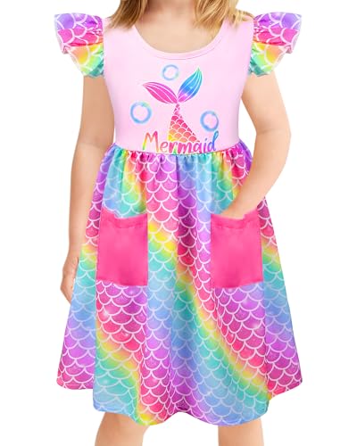 Little Toddler Girls Dress Flutter Sleeve Cute Mermaid Dinosaur Floral Summer Dresses Sundress with Pocket 2-7 Years