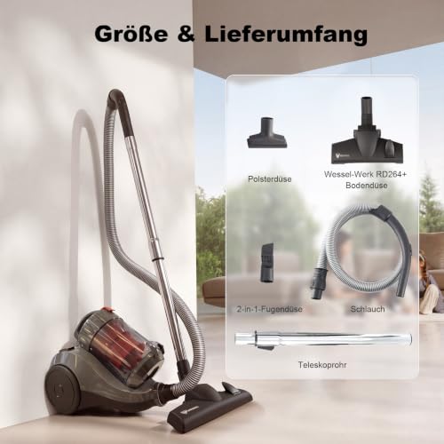 Akitas 850W Beutelloser Staubsauger ohne Beutel mit starker Saugkraft und deutschem Wessel-Werk 2-in-1-Bürstenkopf für Hartböden und Teppiche