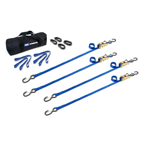 1" x 6' ATV & Motorcycle Ratchet Strap Utility Pack - 4 Tie-Down S-Hook & Keeper Straps, Soft Loops, Strap Bands & Duffle Bag - 2,800 lb. Break Strength - Blue