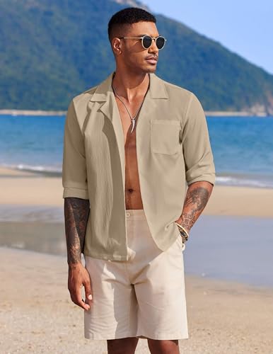 Image of DEELMO Mens Casual Button Down Shirt Summer Beach Shirts Long Sleeve Cuban Collared Tropical Textured Shirts